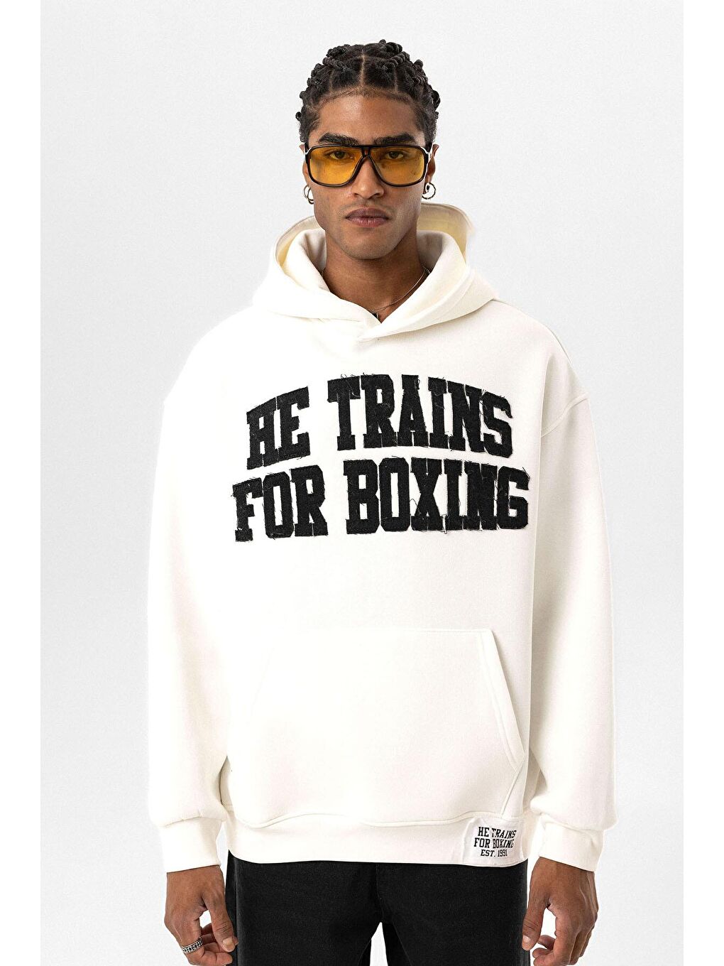 Yazı Baskılı Oversize Kapüşonlu Erkek Hoodie Ekru-2