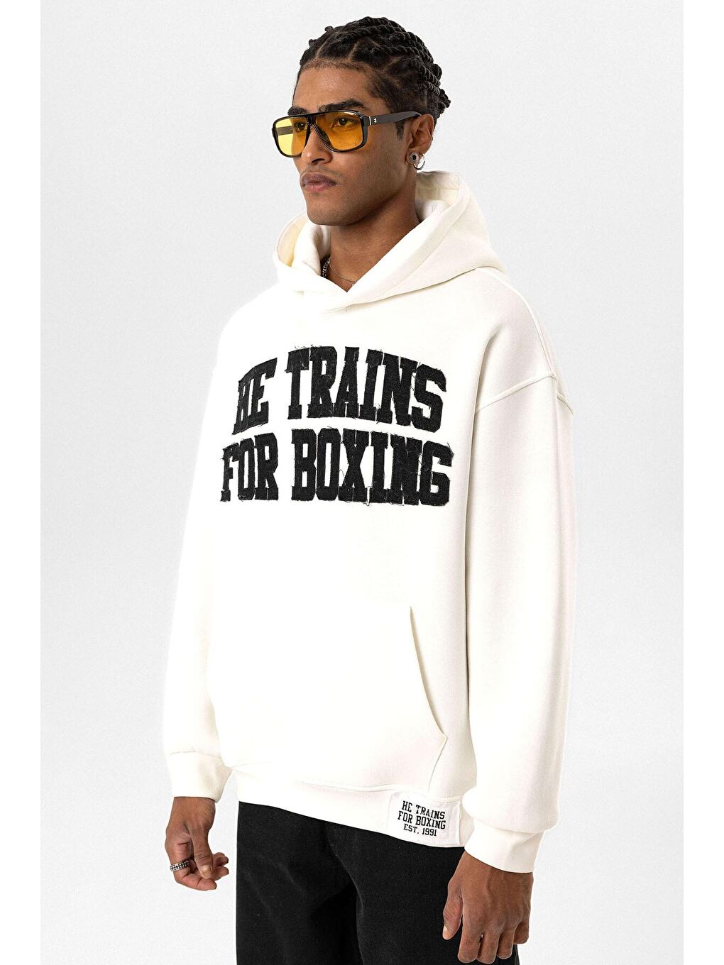 Yazı Baskılı Oversize Kapüşonlu Erkek Hoodie Ekru-3