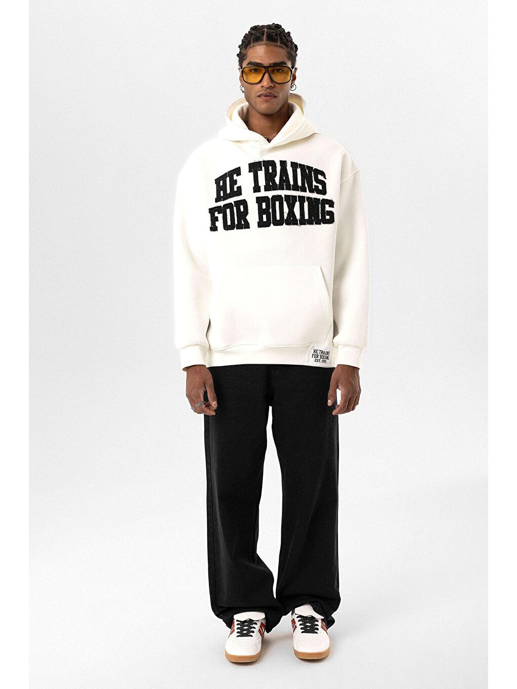 Yazı Baskılı Oversize Kapüşonlu Erkek Hoodie Ekru-5