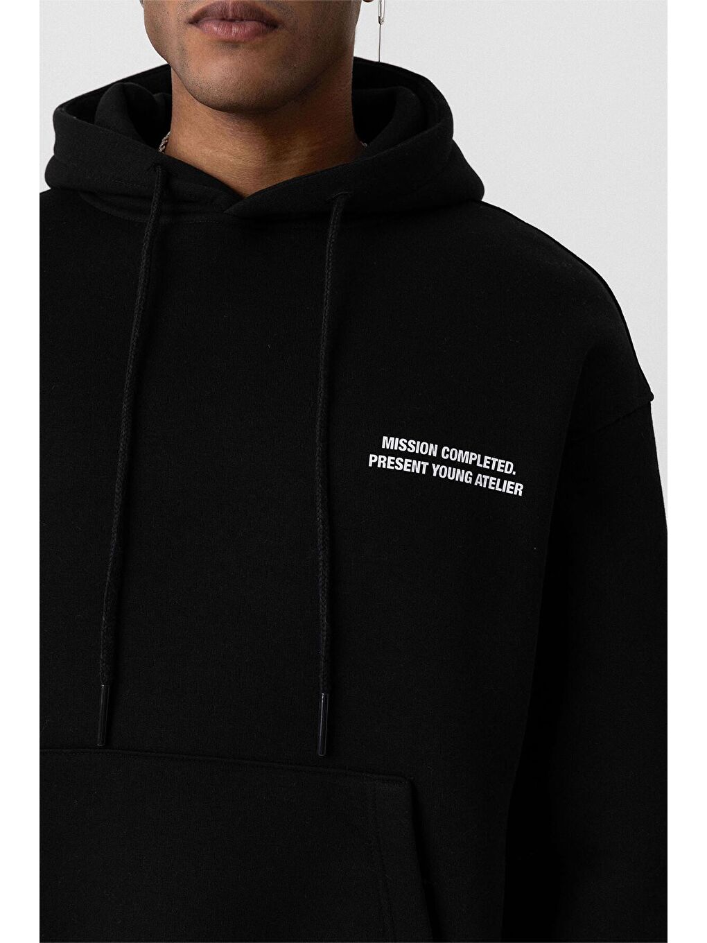 Kapüşonlu Kol Detaylı Oversıze Erkek Hoodie Siyah-7