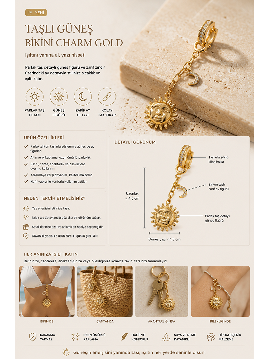 Sarı Taşlı Güneş Bikini Charm Gold-2