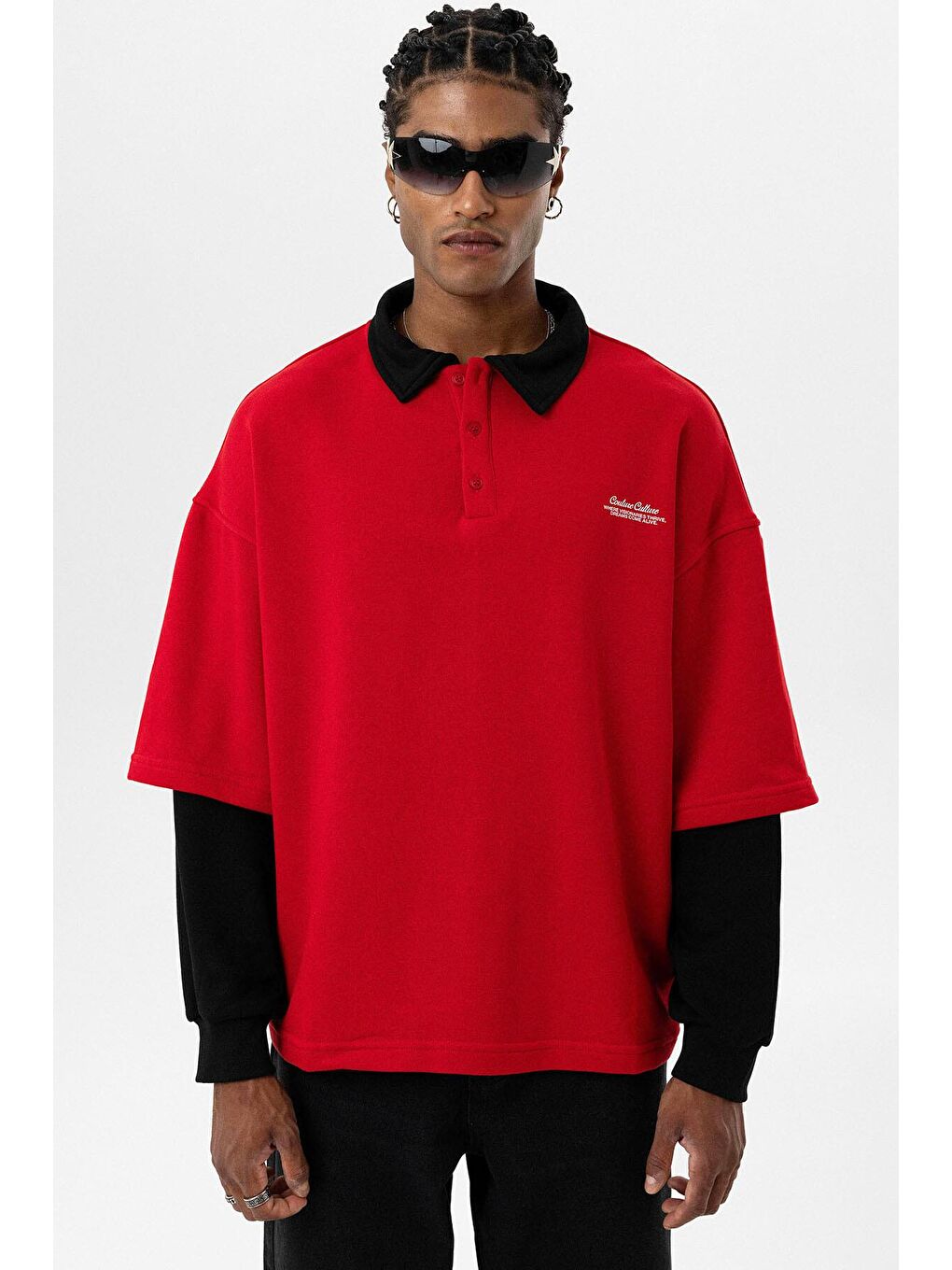 Polo Yaka Çift Kol Detaylı Oversize Sweatsıhrt Kırmızı-6