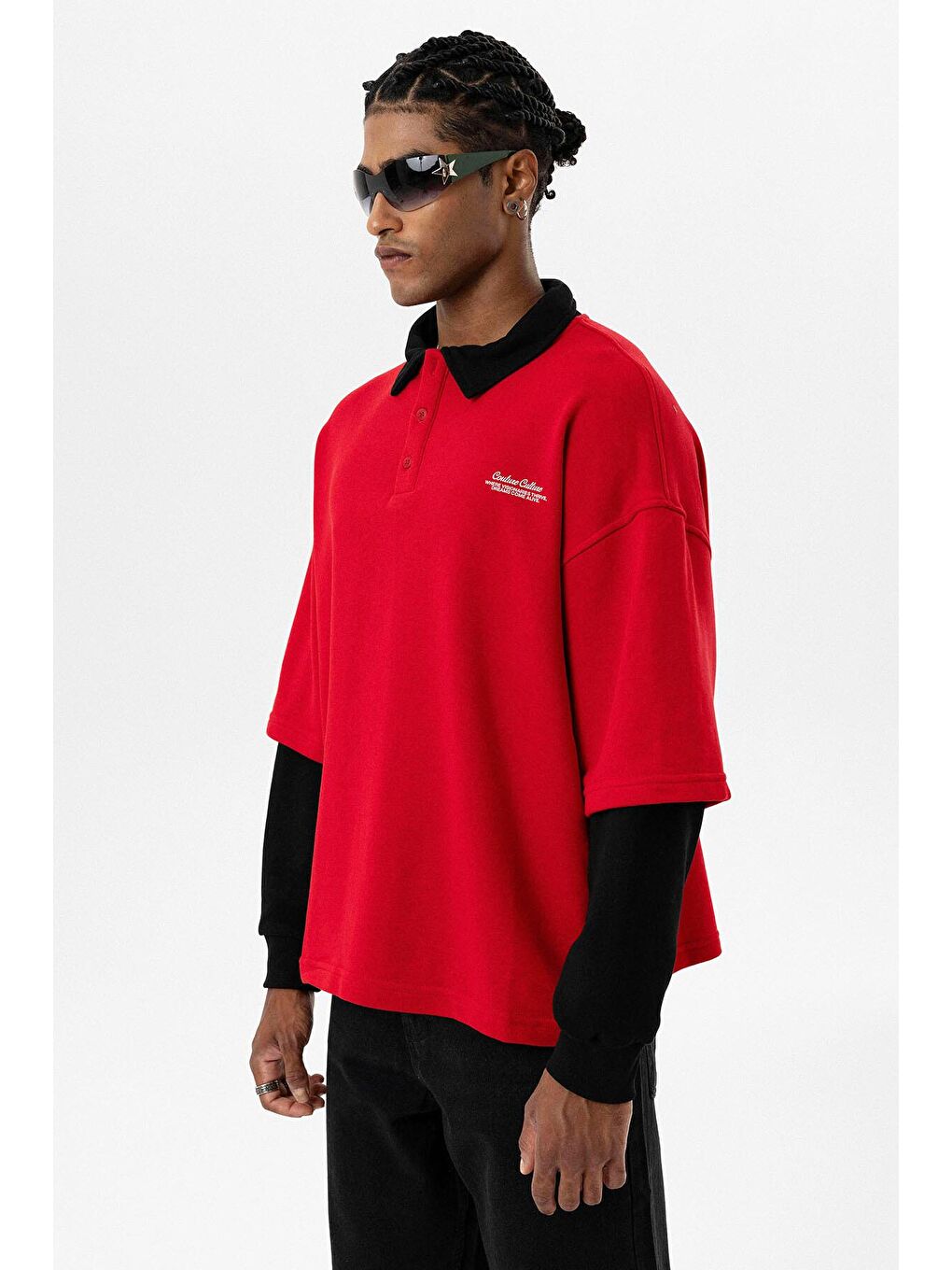 Polo Yaka Çift Kol Detaylı Oversize Sweatsıhrt Kırmızı-7
