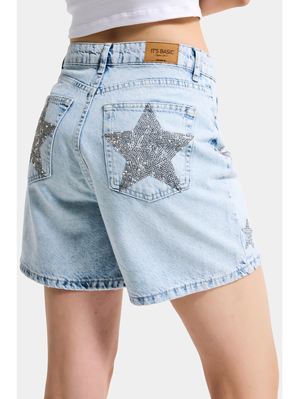Mavi Kadın Jean Rengi T-4s6-3 Mom Fit Midi Boy Parlak Yıldız Taşlı Özel Tasarım Denim Şort-2