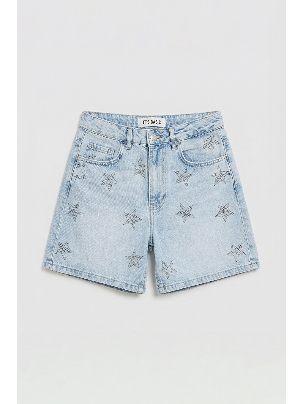 Mavi Kadın Jean Rengi T-4s6-3 Mom Fit Midi Boy Parlak Yıldız Taşlı Özel Tasarım Denim Şort