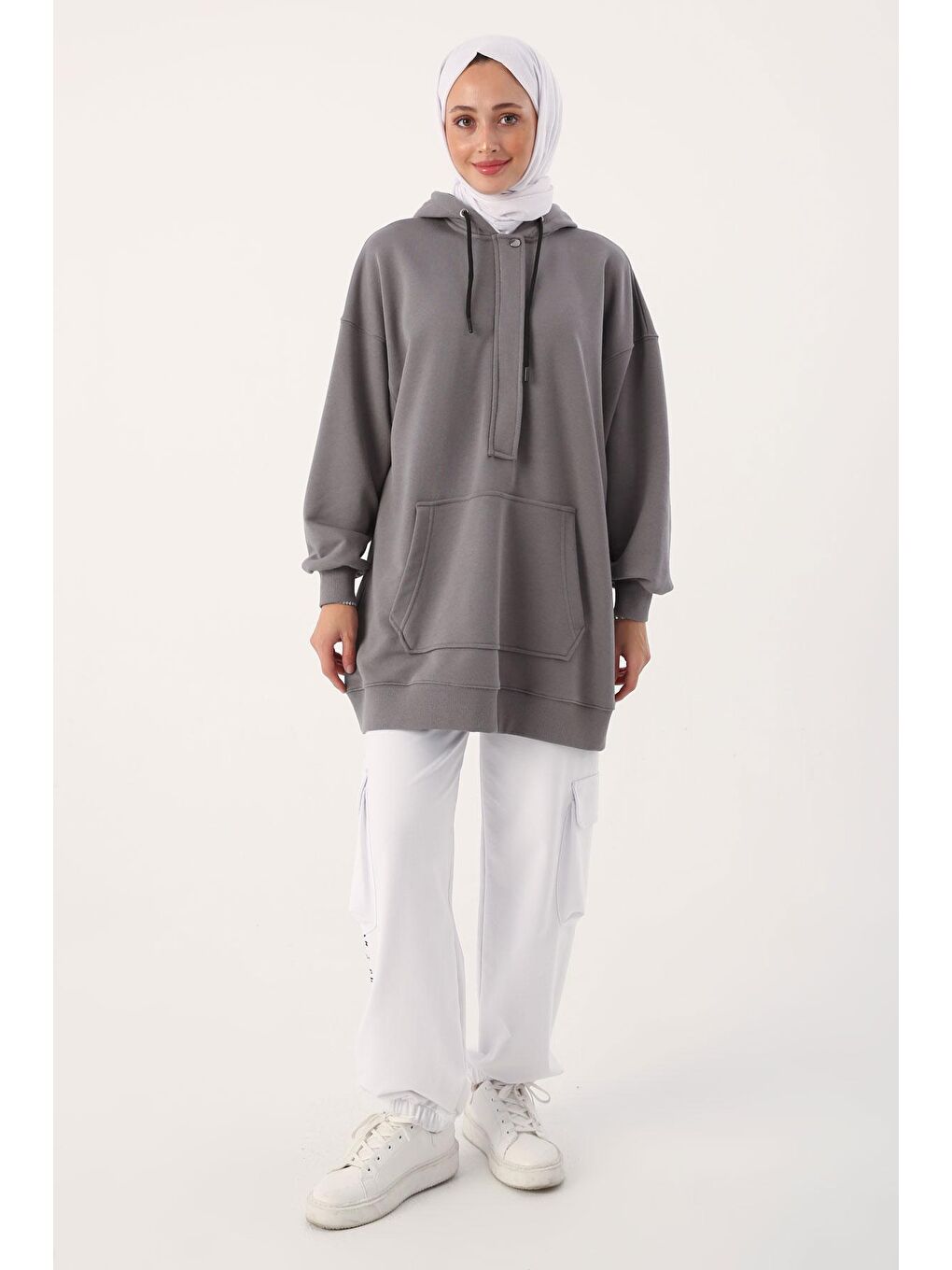 ALLDAY Gri Oversize Kapüşonlu Kanguru Cepli Sweat Tunik