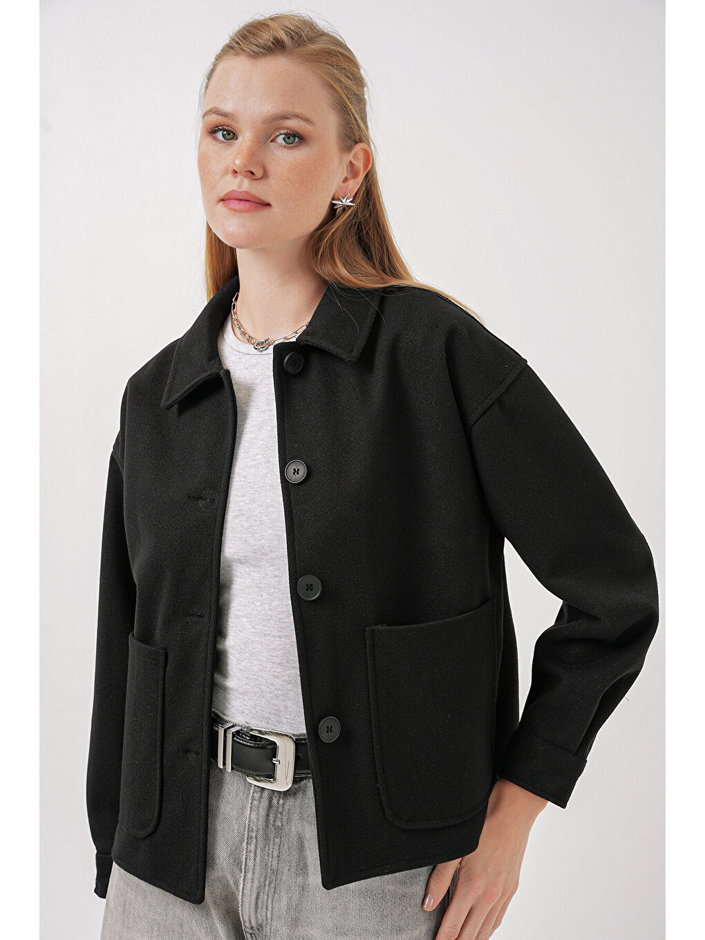0713 Kadın Kaşe Ceket - Siyah