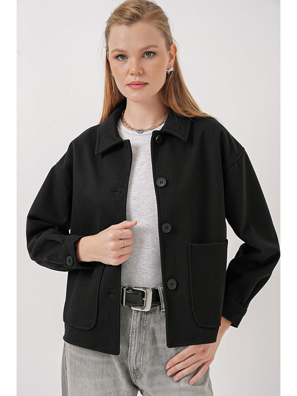 0713 Kadın Kaşe Ceket - Siyah-1
