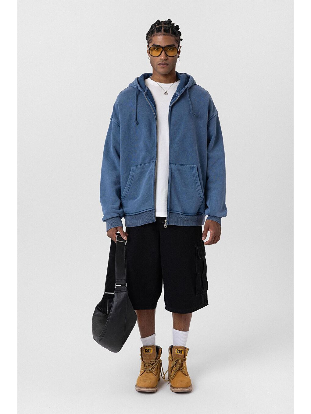 Yıkamalı  Oversize Erkek Fermuarlı Sweatshirt Hırka İndigo