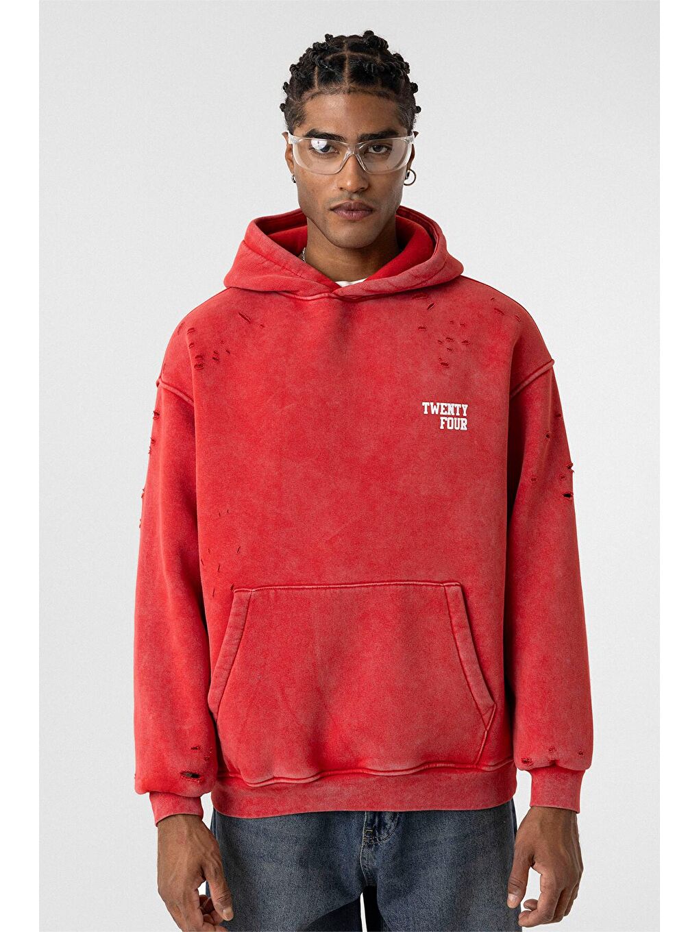 Yıkamalı Yazı Detaylı Oversize Erkek Kapüşonlu Sweatshirt Hoodie Kırmızı