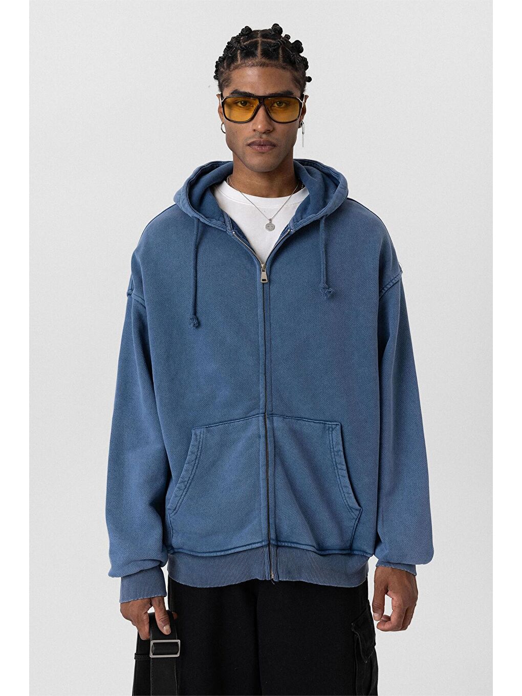 Yıkamalı  Oversize Erkek Fermuarlı Sweatshirt Hırka İndigo-1