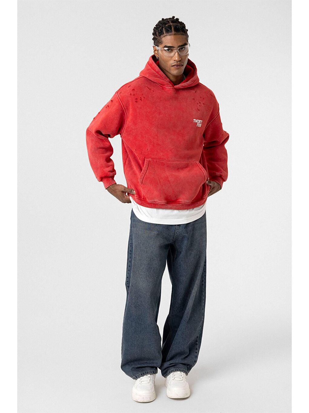 Yıkamalı Yazı Detaylı Oversize Erkek Kapüşonlu Sweatshirt Hoodie Kırmızı-3
