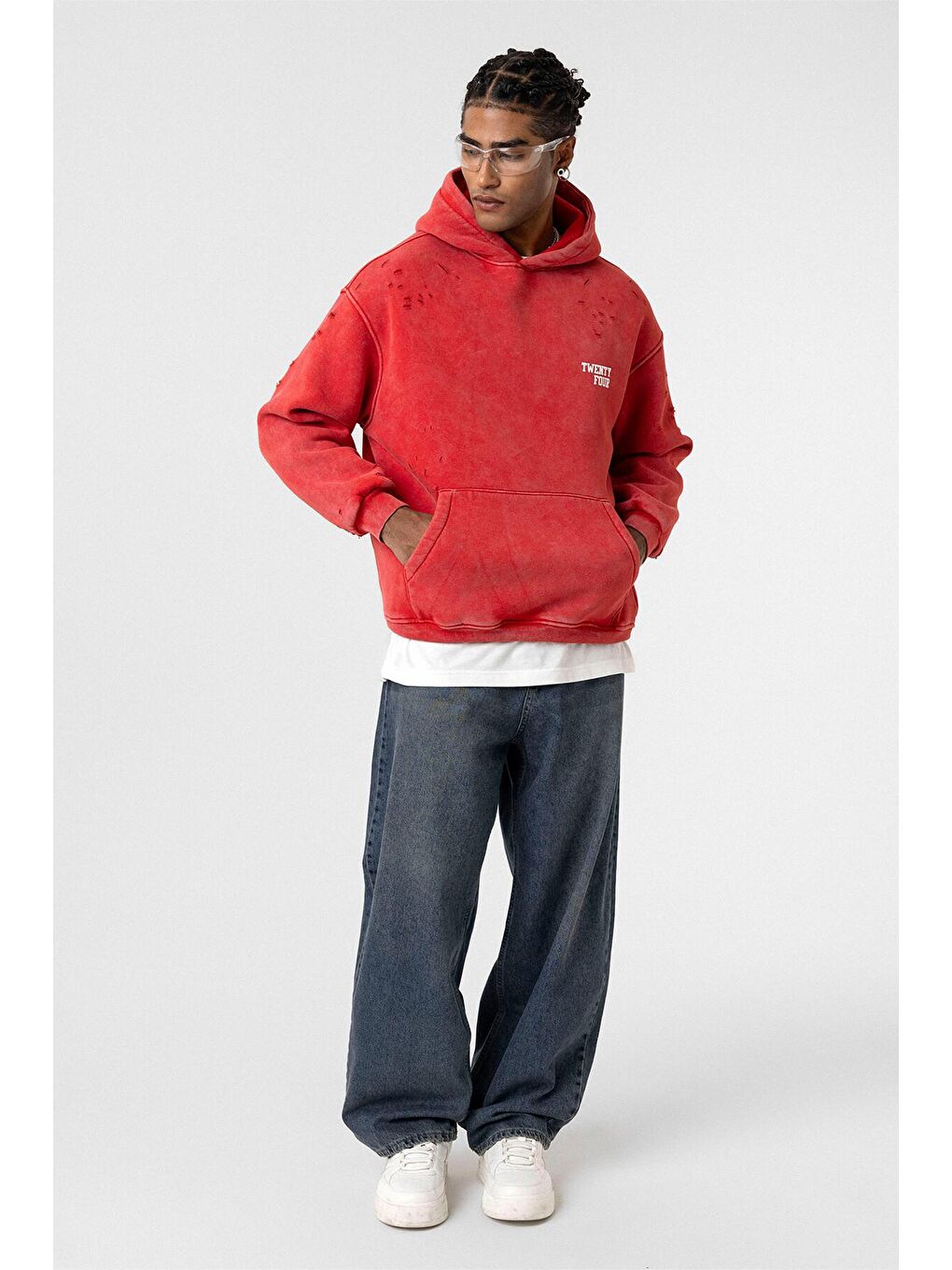 Yıkamalı Yazı Detaylı Oversize Erkek Kapüşonlu Sweatshirt Hoodie Kırmızı-4