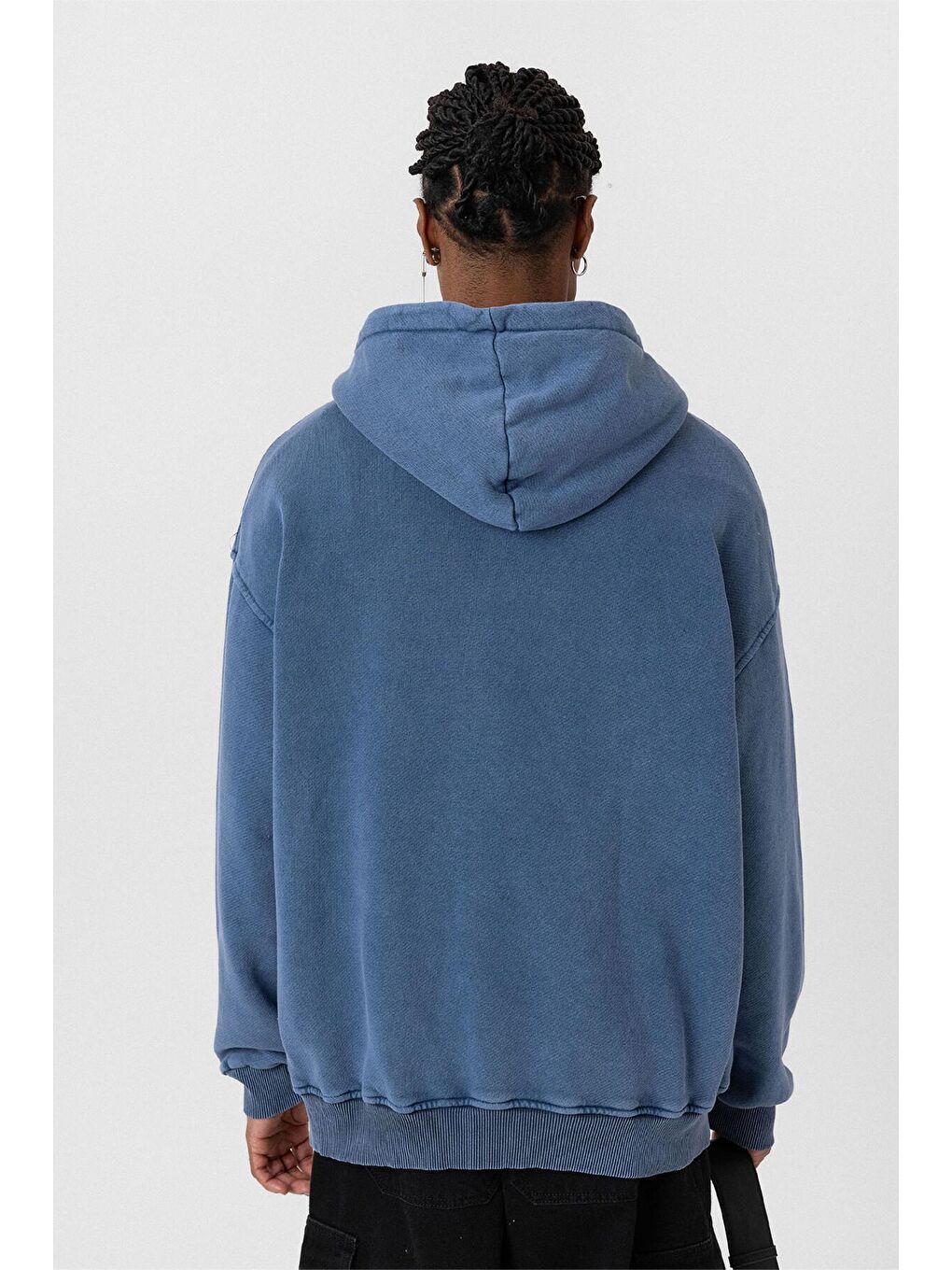 Yıkamalı  Oversize Erkek Fermuarlı Sweatshirt Hırka İndigo-3