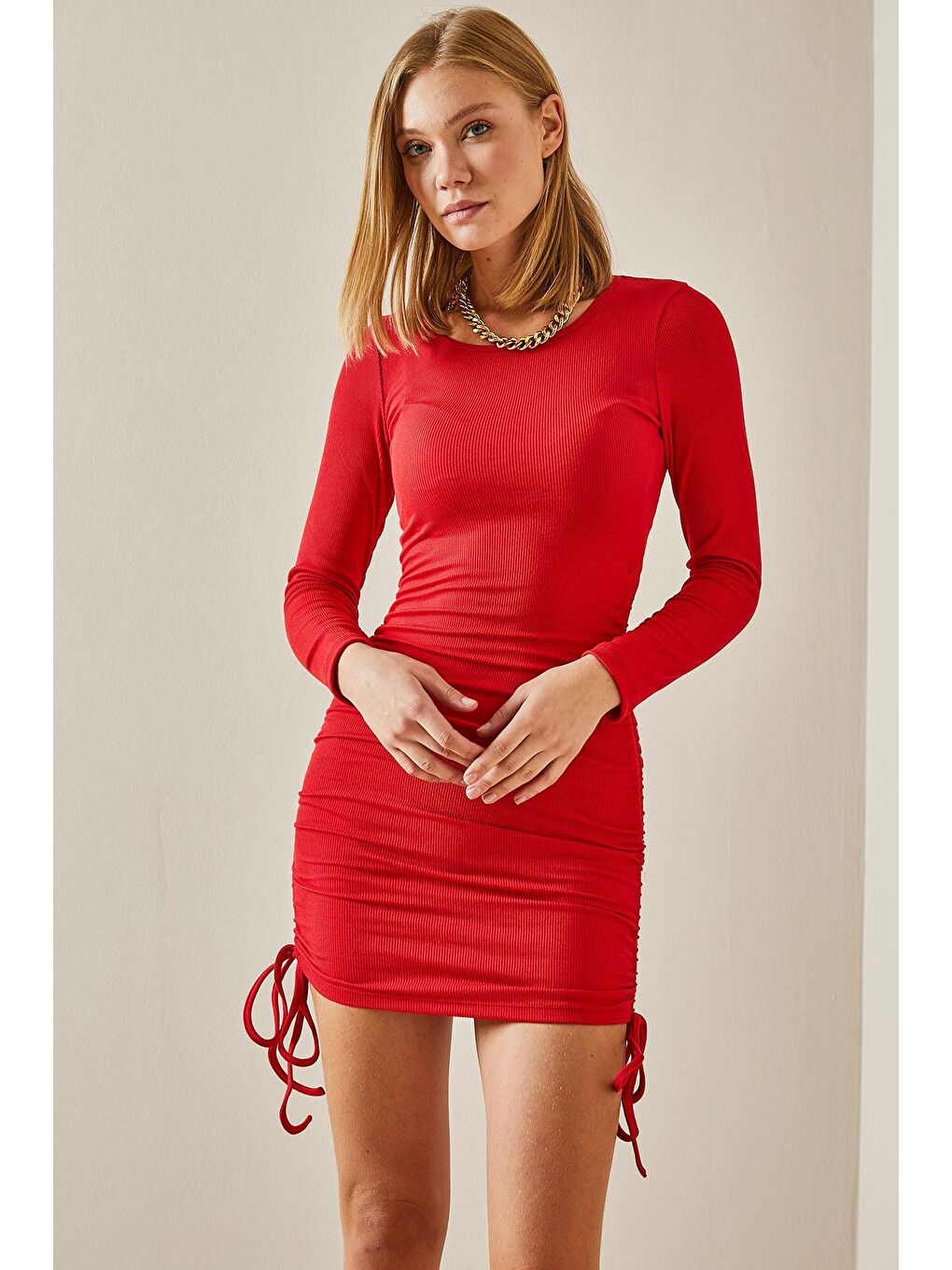 Kırmızı Bisiklet Yaka Büzgülü Kaşkorse Elbise 4KXK6-47626-04-3