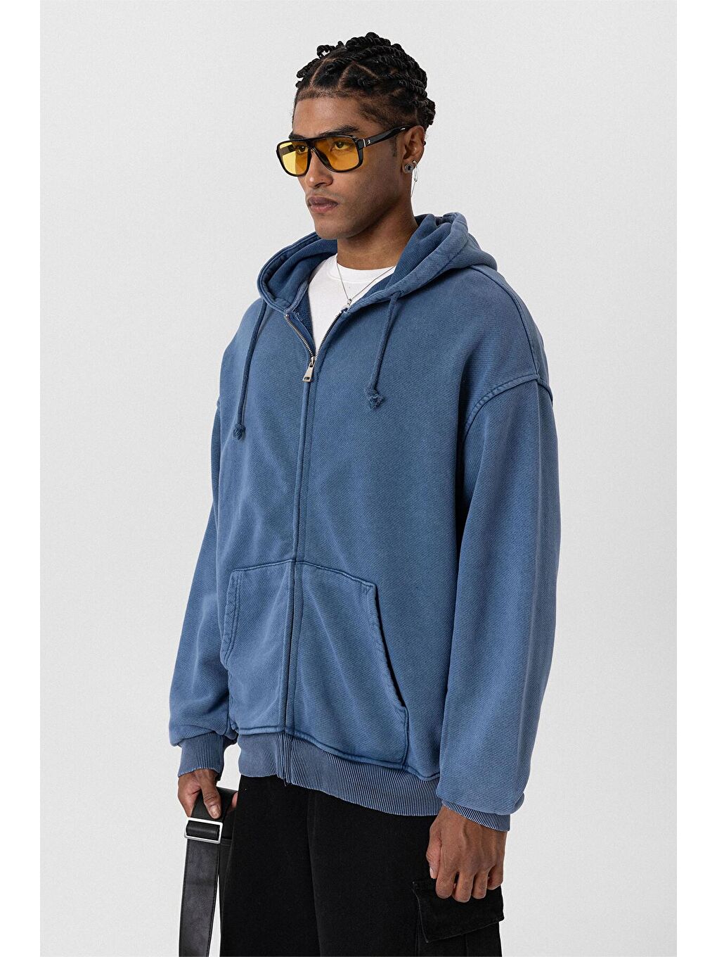 Yıkamalı  Oversize Erkek Fermuarlı Sweatshirt Hırka İndigo-4