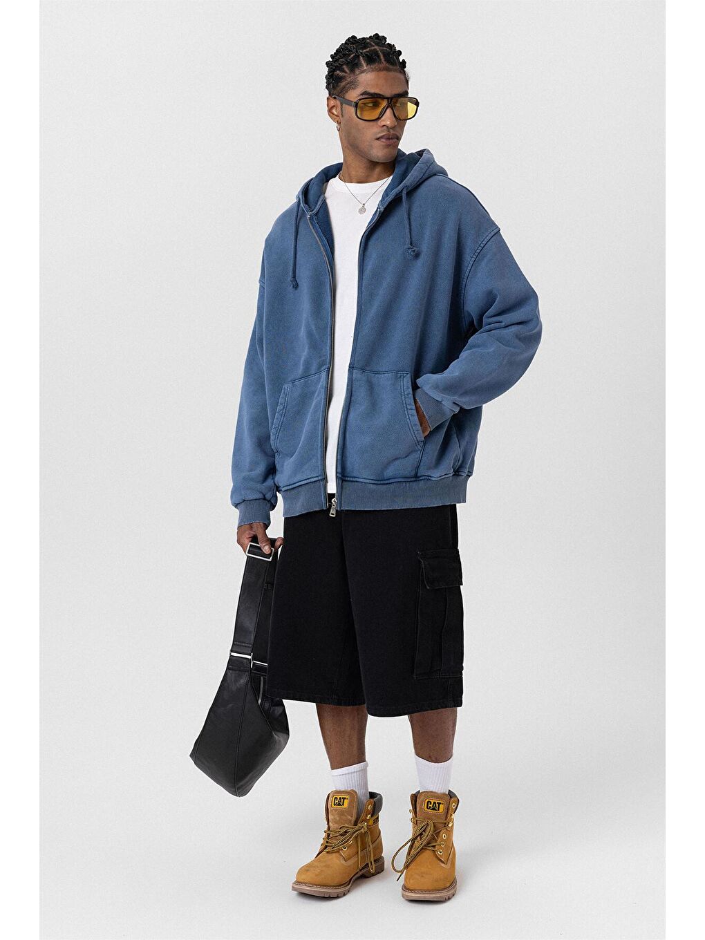Yıkamalı  Oversize Erkek Fermuarlı Sweatshirt Hırka İndigo-7