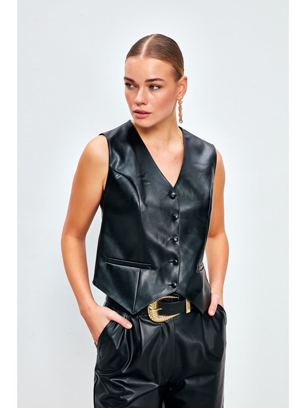 Düğme Detaylı Deri Yelek - Siyah-1