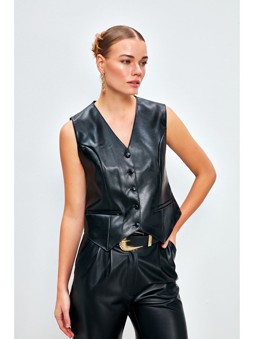 Düğme Detaylı Deri Yelek - Siyah-2
