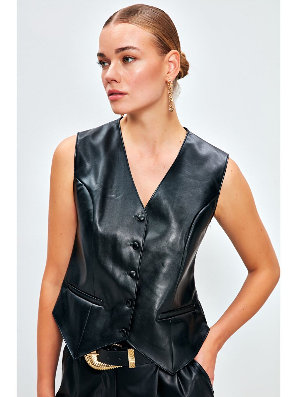 Düğme Detaylı Deri Yelek - Siyah-3