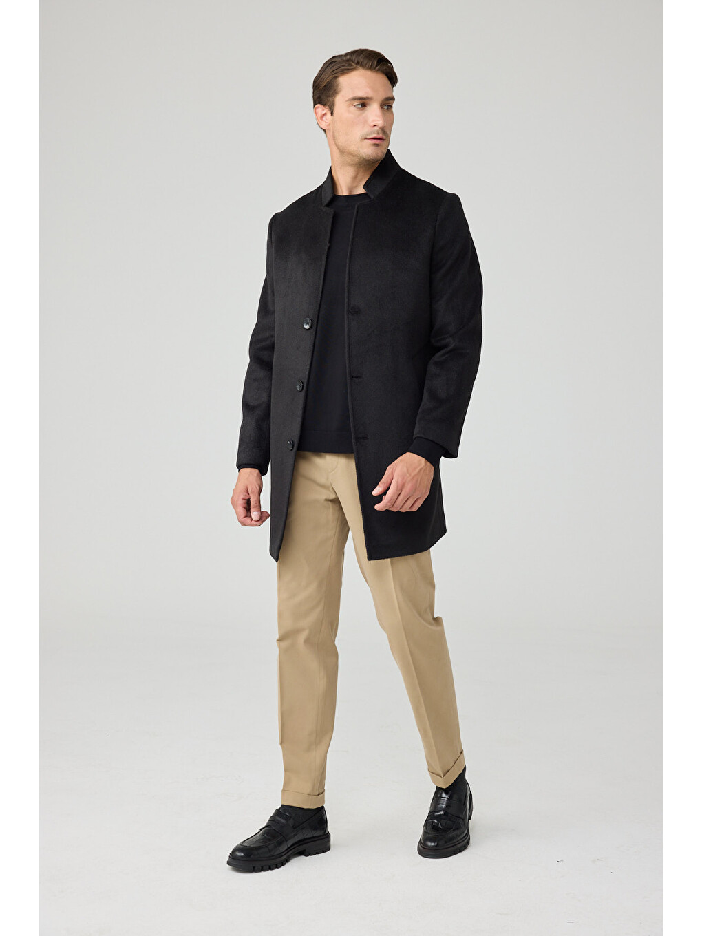 Erkek Relaxed-fit Premium Yün Kaşe Kaban Siyah 4351dngr-2