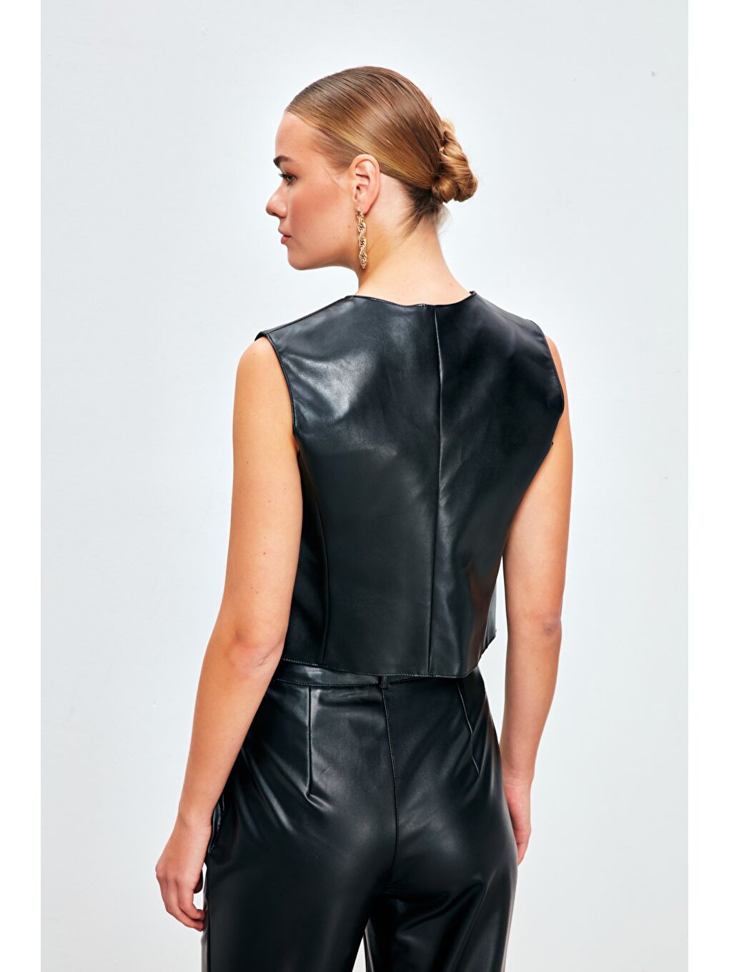 Düğme Detaylı Deri Yelek - Siyah-4