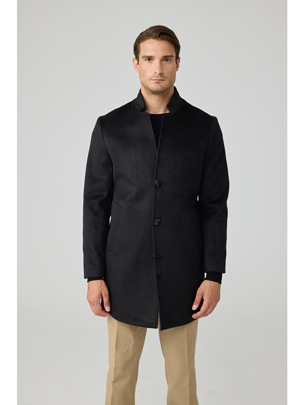 Erkek Relaxed-fit Premium Yün Kaşe Kaban Siyah 4351dngr-1