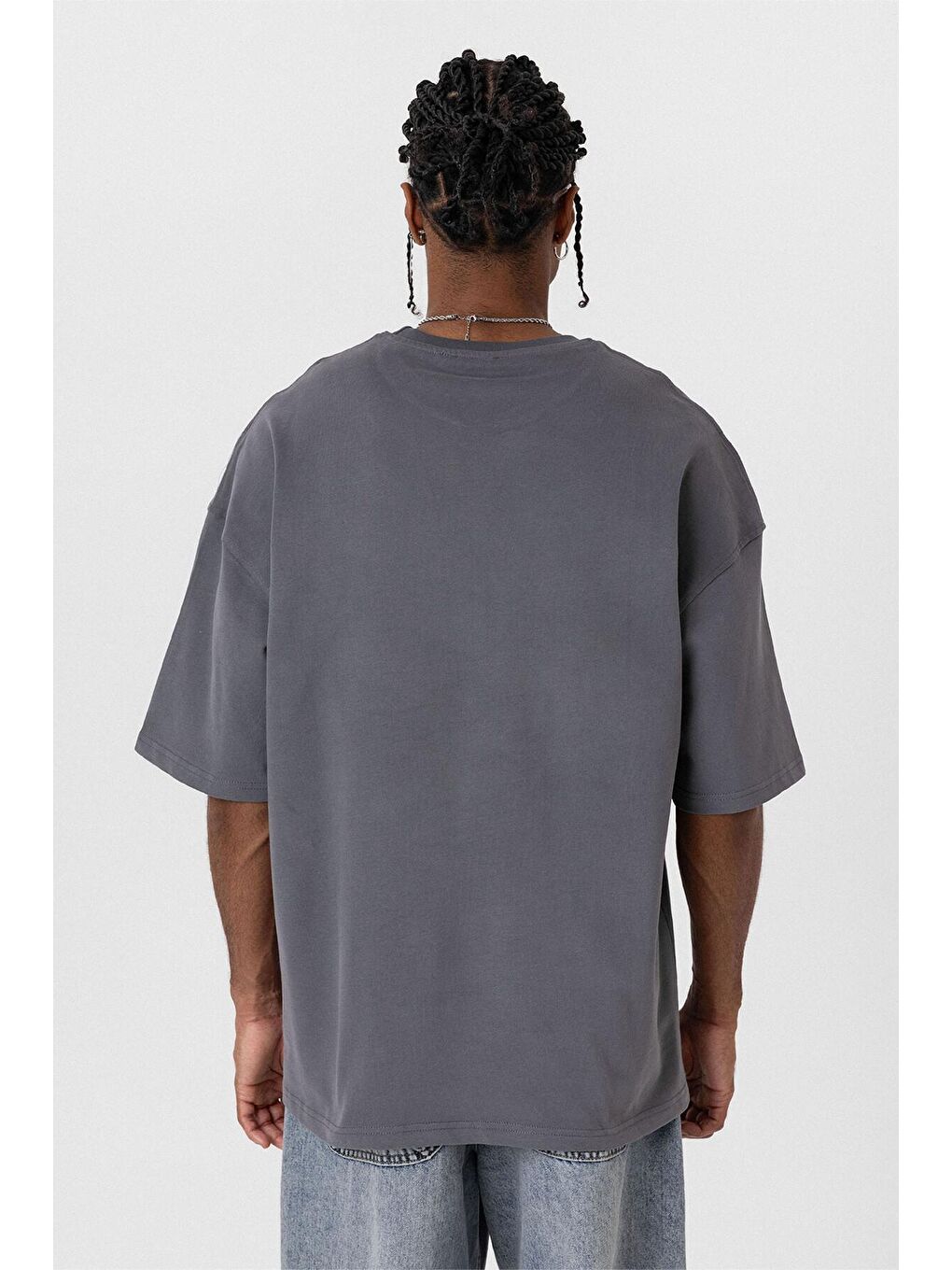 Gri Basıc Oversize Tişört Füme-3