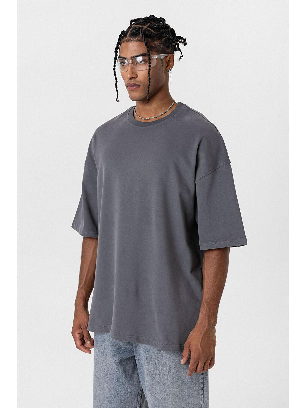Gri Basıc Oversize Tişört Füme-4
