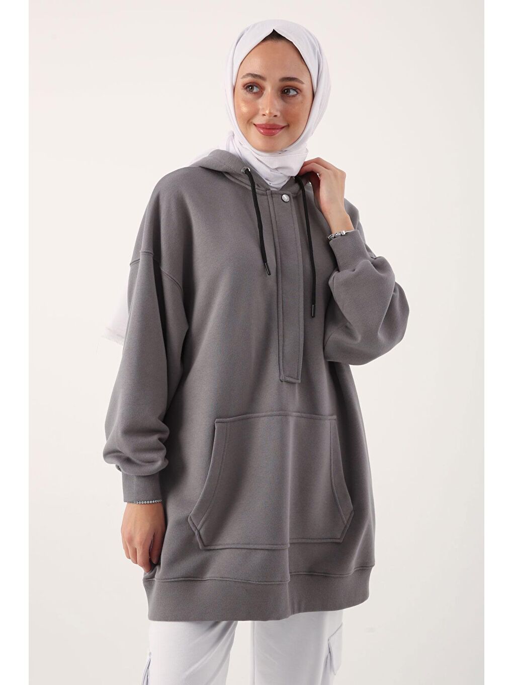 ALLDAY Gri Oversize Kapüşonlu Kanguru Cepli Sweat Tunik - 3