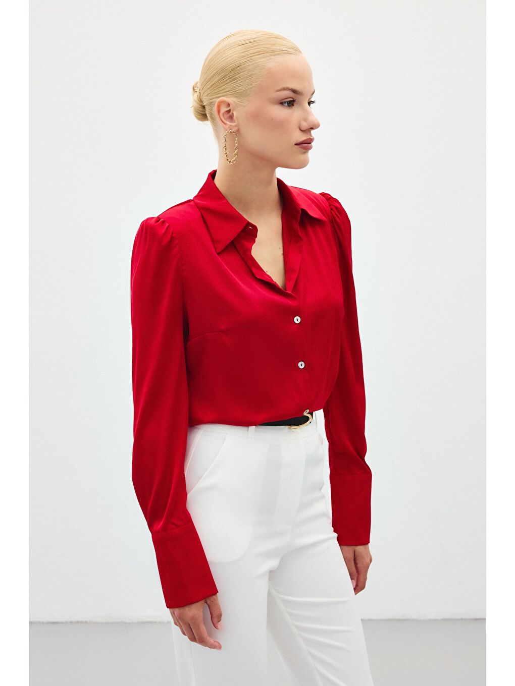 Vatkalı Saten Gömlek - Kırmızı-1