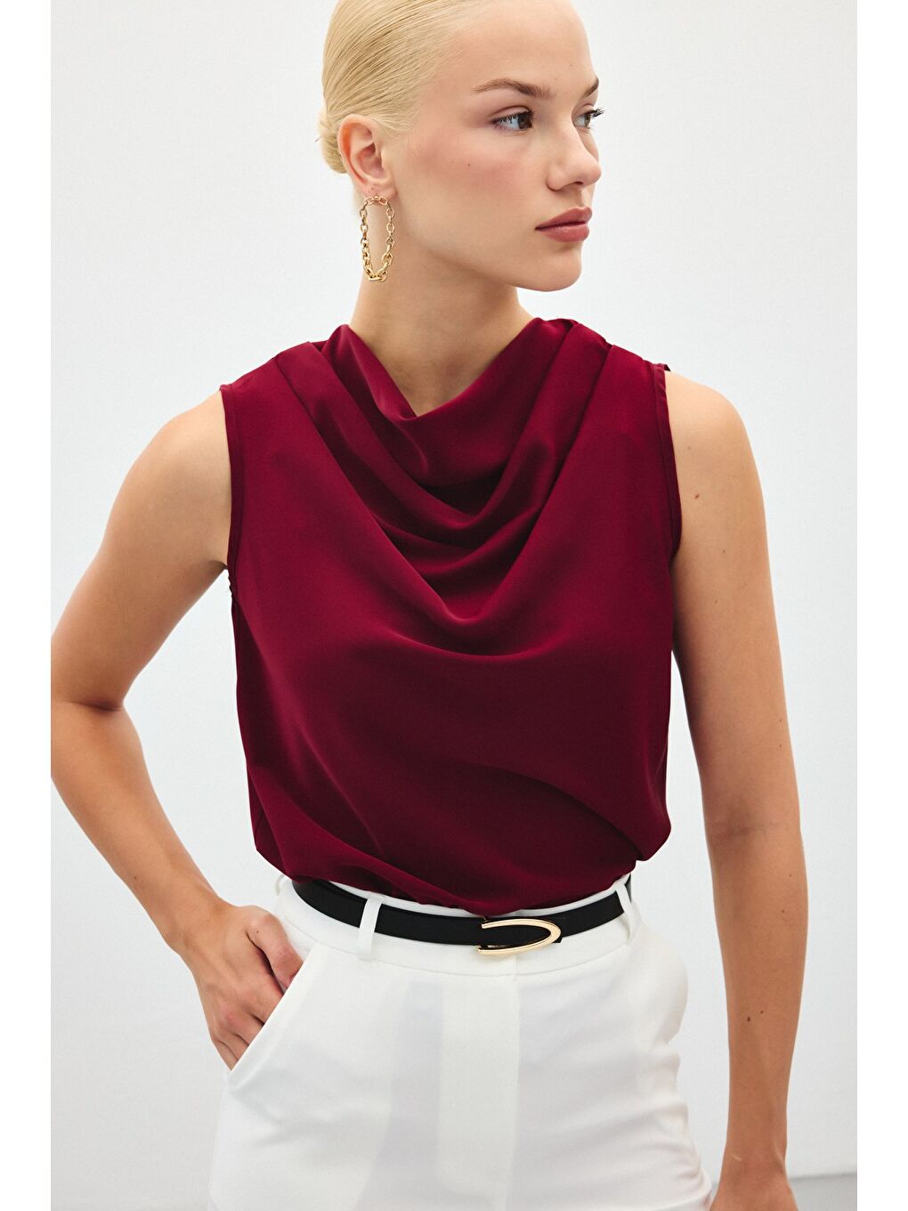 Degaje Yaka Kolsuz Bluz - Bordo-3