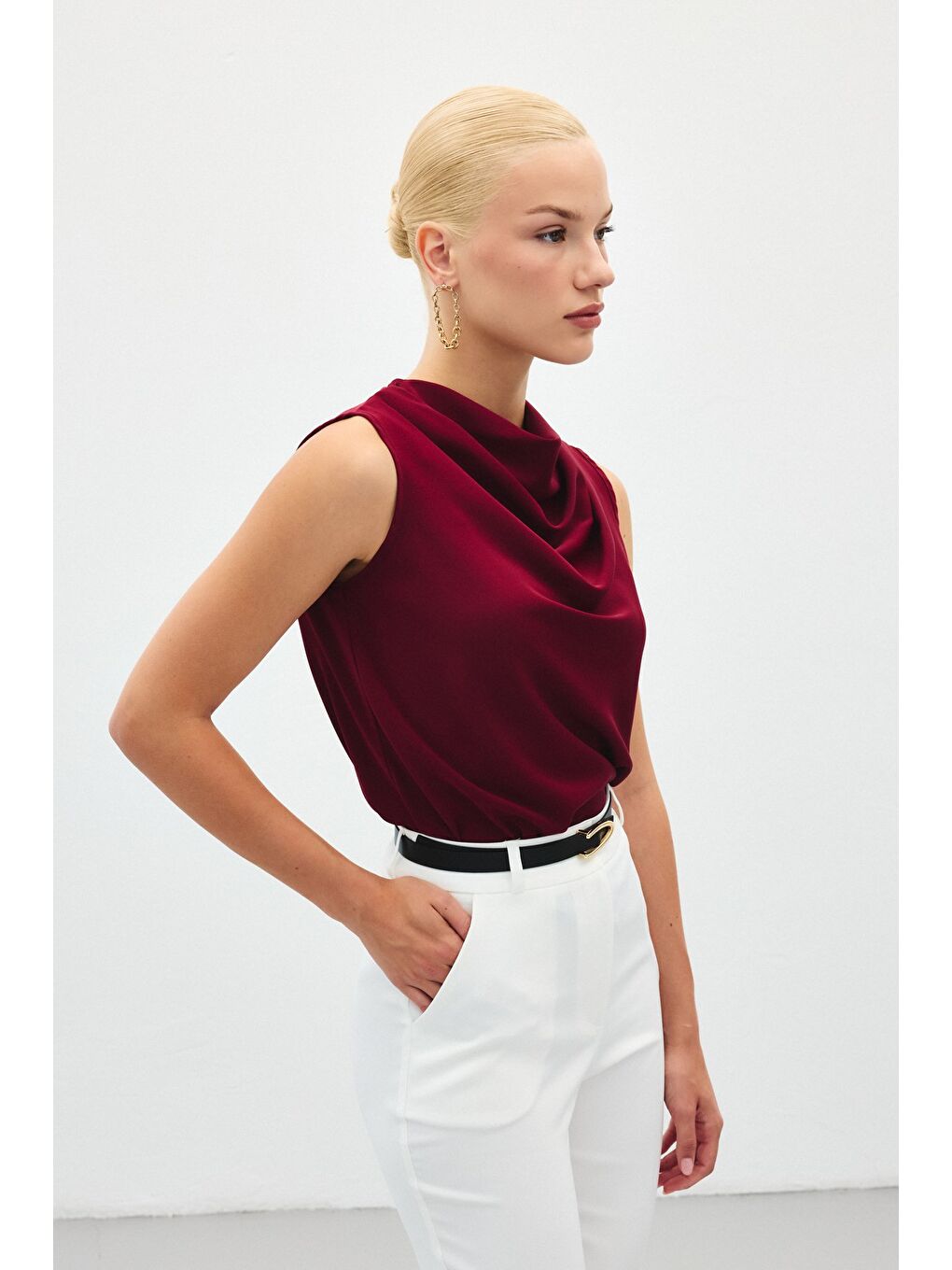 Degaje Yaka Kolsuz Bluz - Bordo-4