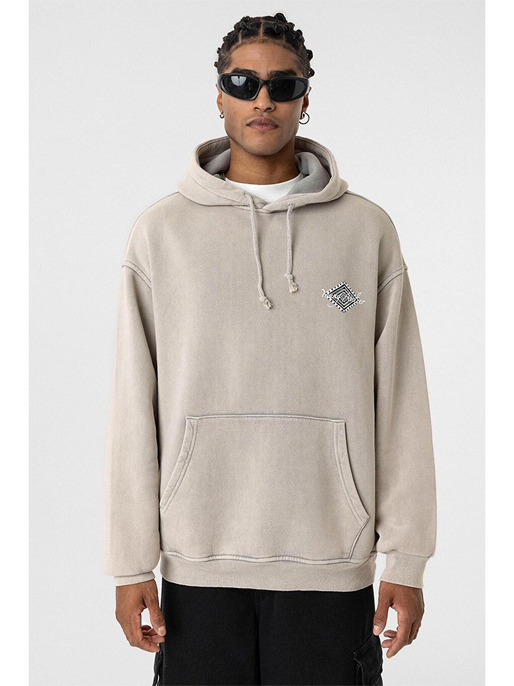 Bej Yıkamalı Sırt Baskılı Oversize Erkek Kapüşonlu Sweatshirt Hoodie Taş