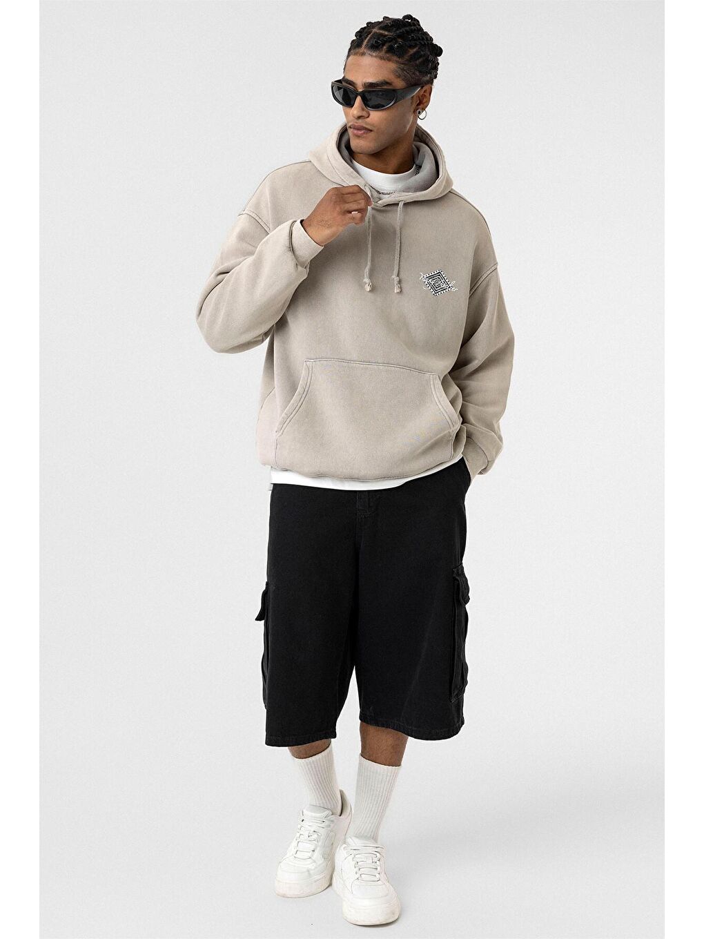 Bej Yıkamalı Sırt Baskılı Oversize Erkek Kapüşonlu Sweatshirt Hoodie Taş-3