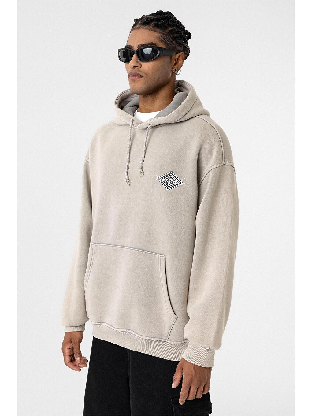 Bej Yıkamalı Sırt Baskılı Oversize Erkek Kapüşonlu Sweatshirt Hoodie Taş-4