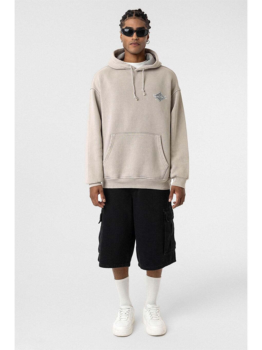 Bej Yıkamalı Sırt Baskılı Oversize Erkek Kapüşonlu Sweatshirt Hoodie Taş-6