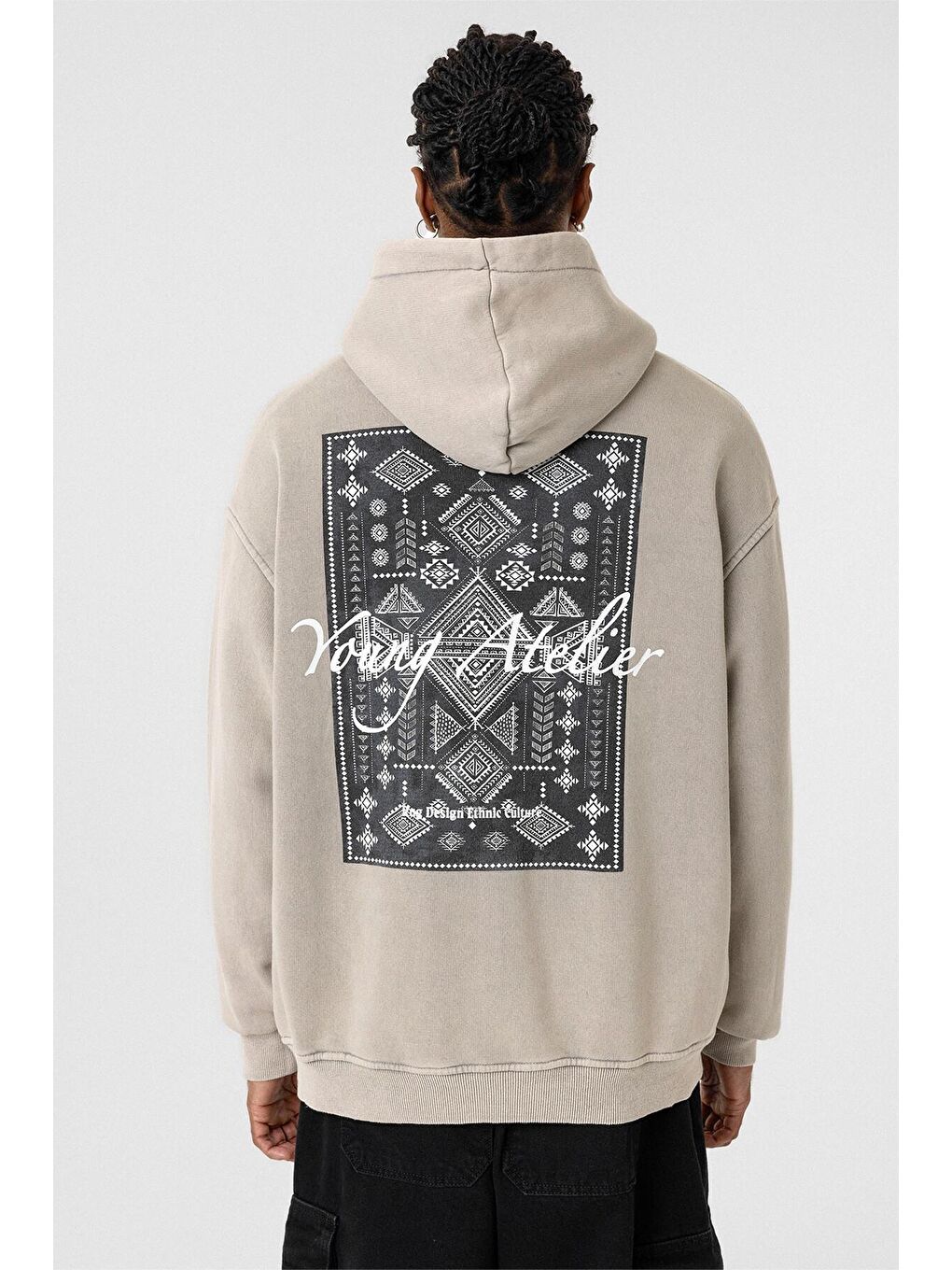 Bej Yıkamalı Sırt Baskılı Oversize Erkek Kapüşonlu Sweatshirt Hoodie Taş-7