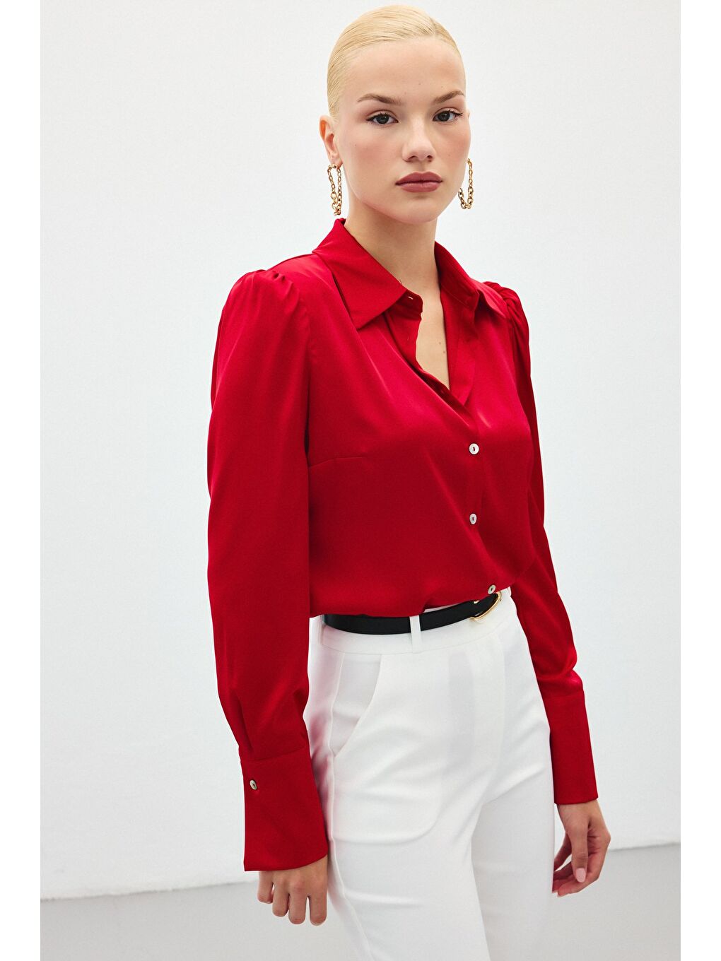 Vatkalı Saten Gömlek - Kırmızı-4