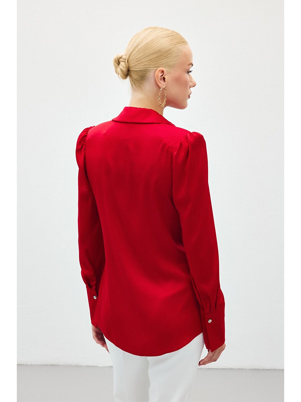 Vatkalı Saten Gömlek - Kırmızı-5