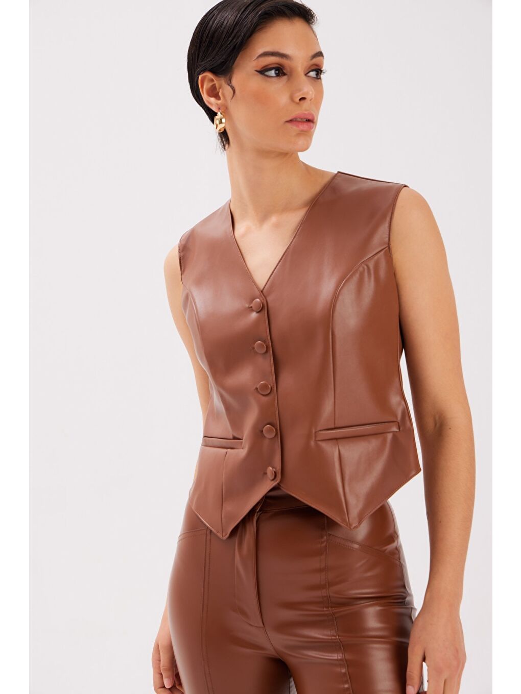 Kahverengi Düğme Detaylı Deri Yelek - Kahve-3