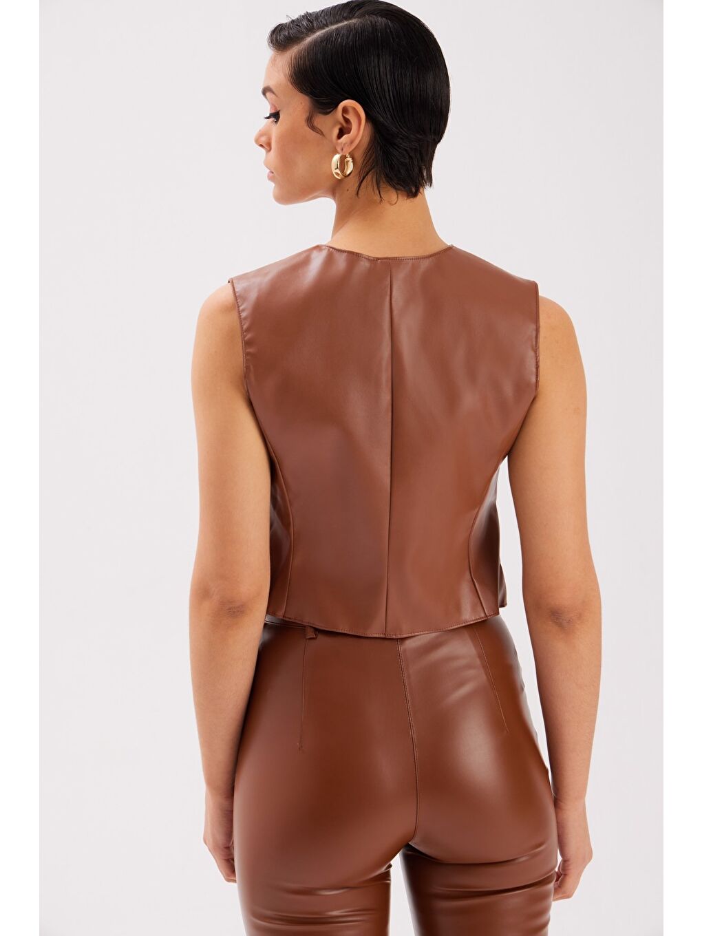 Kahverengi Düğme Detaylı Deri Yelek - Kahve-5
