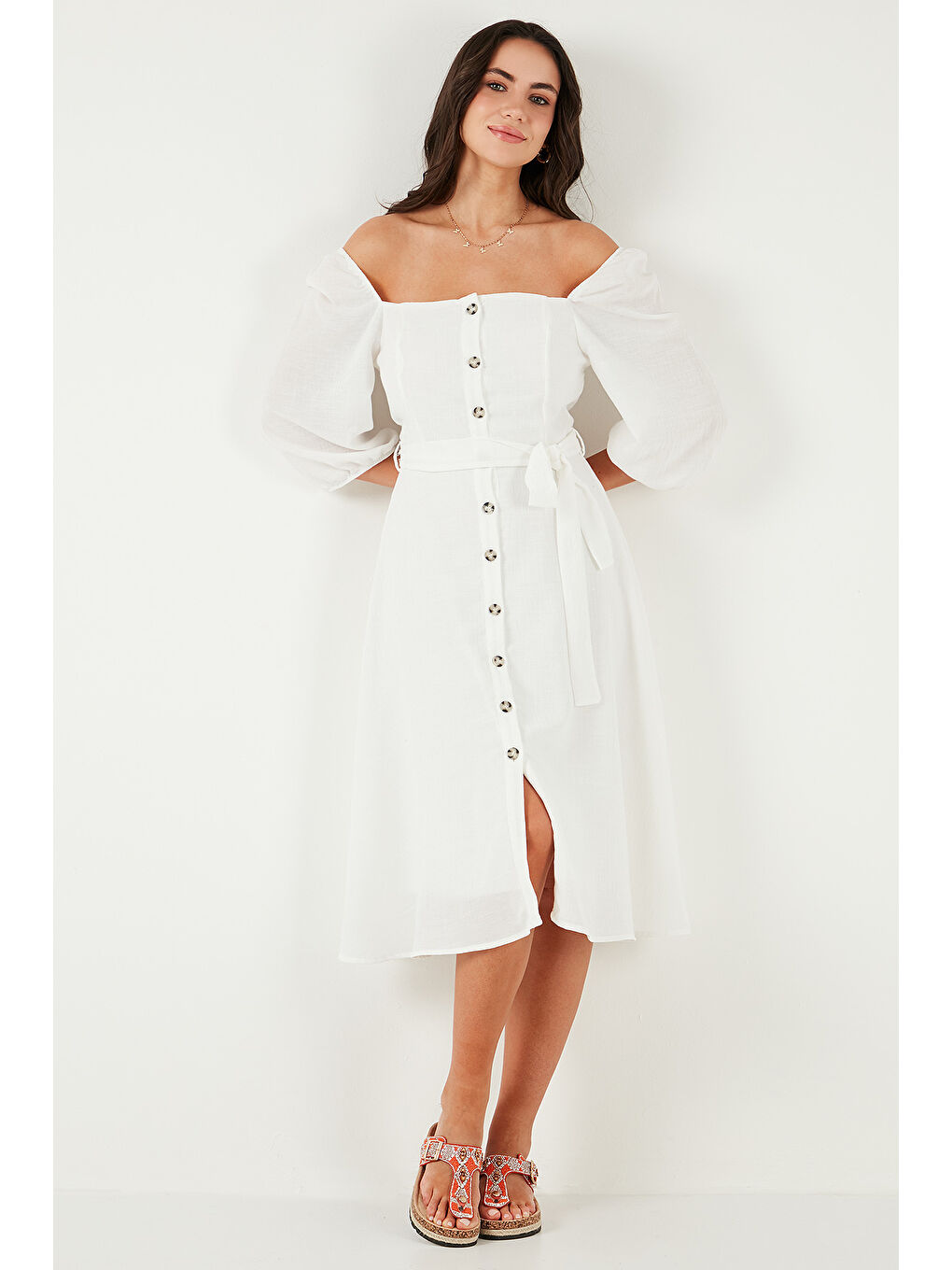 Ekru Regular Fit Kare Yaka Düğmeli Midi Boy Kadın Elbise 67810197-2