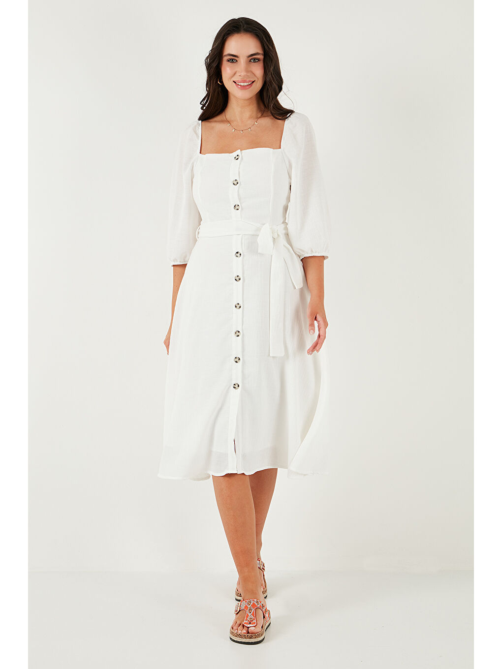 Ekru Regular Fit Kare Yaka Düğmeli Midi Boy Kadın Elbise 67810197-3