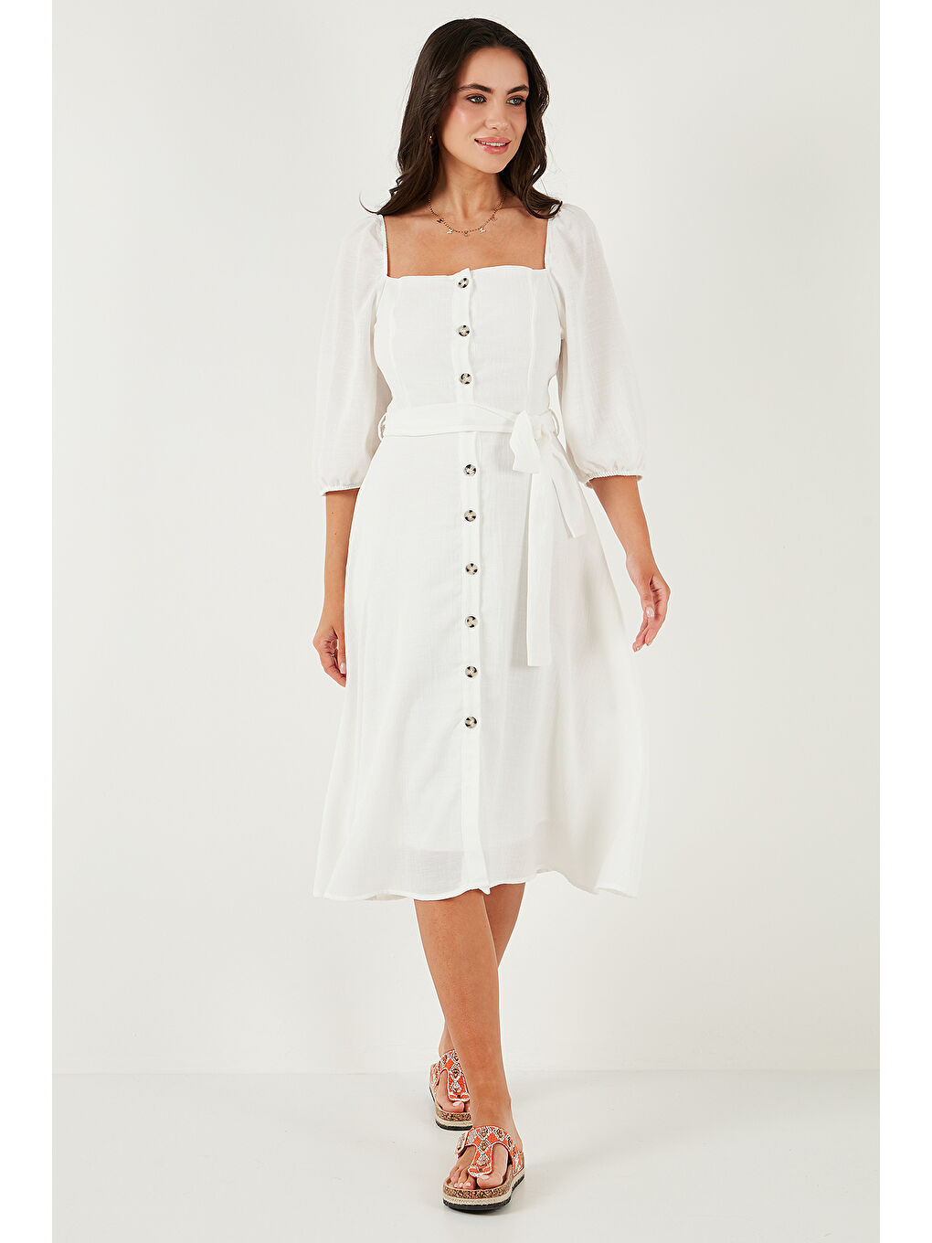 Ekru Regular Fit Kare Yaka Düğmeli Midi Boy Kadın Elbise 67810197-4