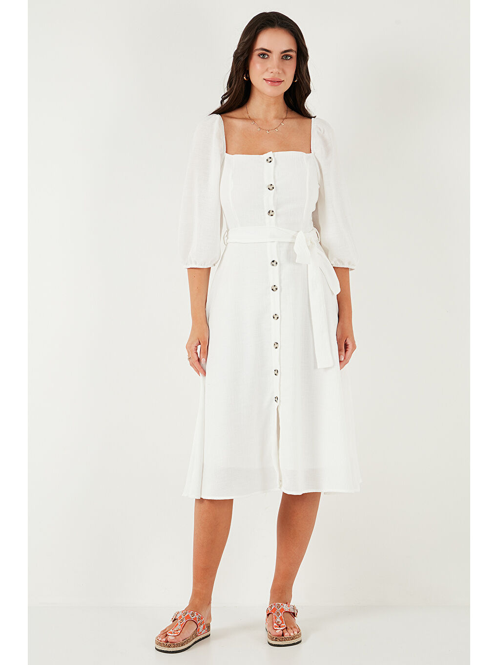 Ekru Regular Fit Kare Yaka Düğmeli Midi Boy Kadın Elbise 67810197-5