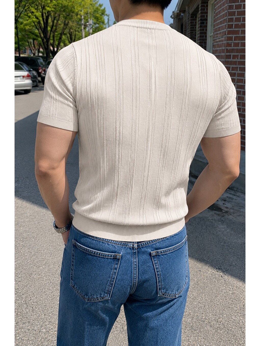 Bej Old Money Fit Bisiklet Yaka Çizgili Triko Tişört – Slim Kalıp Premium Kahve-2