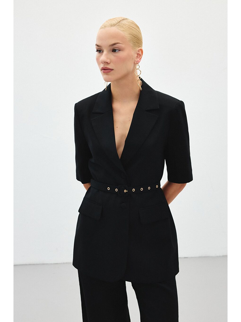 Kısa Kollu Kemerli Ceket - Siyah-2