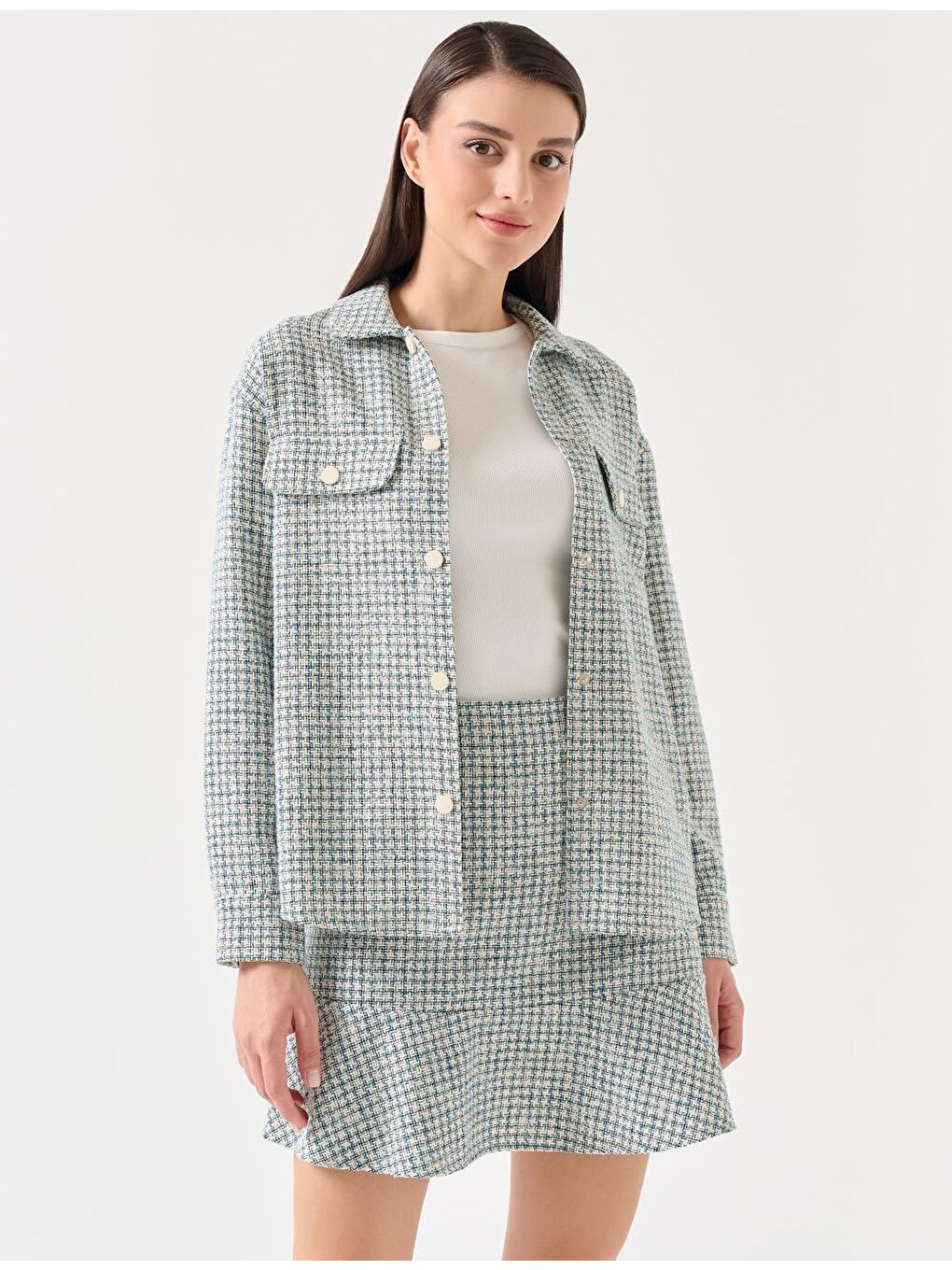 Mavi Yeşil Düz Kesim Ekose Desenli Cepli Gömlek Ceket