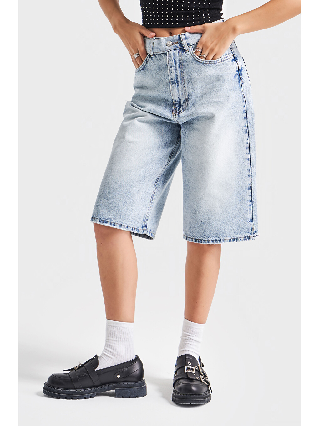 Mavi Kadın Snow Jean Rengi 4S5 3 Maxi Boy Kemer Detaylı  100 Pamuk Yüksek Bel Uzun Denim Şortolon
